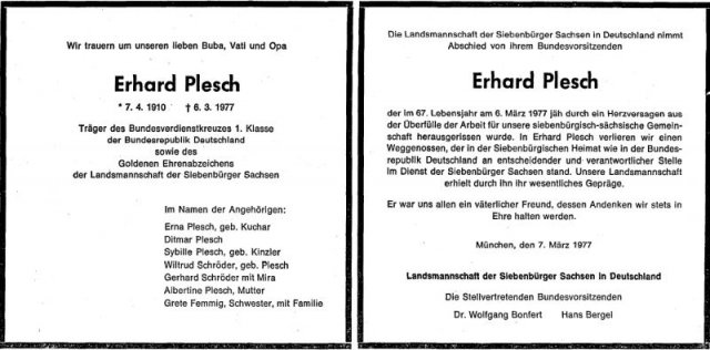 Plesch Erhard 1910-1977 Todesanzeige